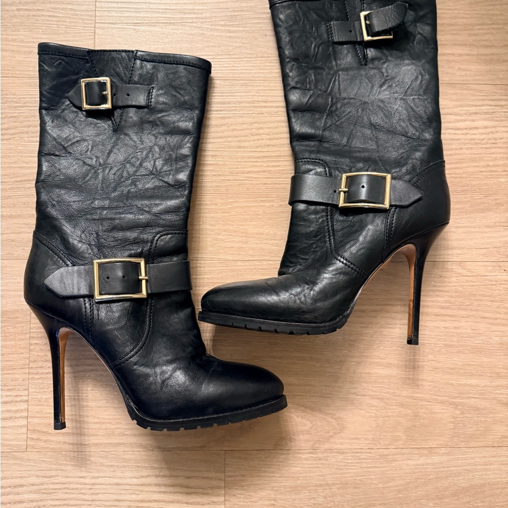 Jimmy Choo Black Leather Biker Stiletto Boots